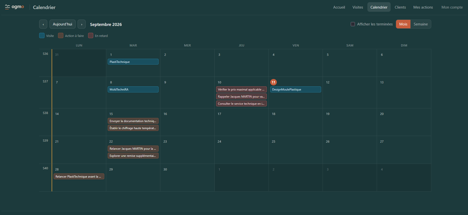 Le calendrier mensuel d'Ogmo : les visites en bleu, les relances à faire en terracotta, les retards signalés, avec les numéros de semaine.
