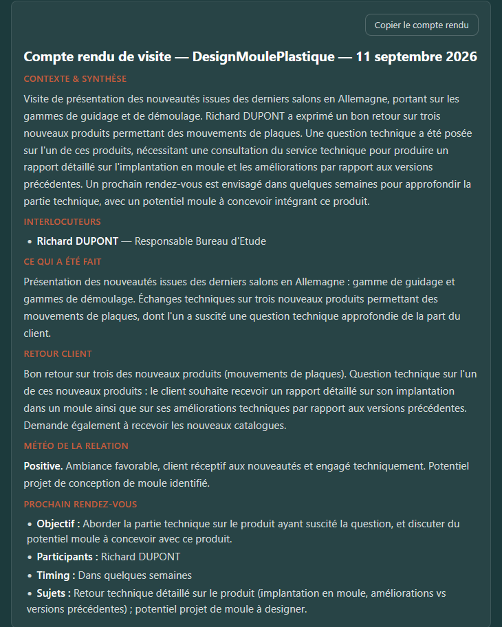 Le compte rendu généré par Ogmo : contexte et synthèse, interlocuteurs, ce qui a été fait, retour client, météo de la relation et prochain rendez-vous.