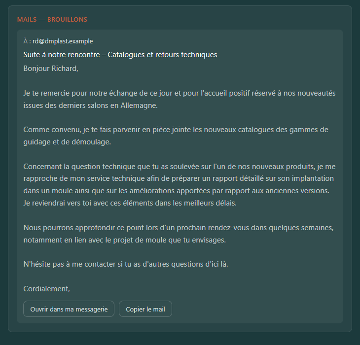 Un brouillon de mail rédigé par Ogmo pour le contact rencontré, avec son objet, son corps, et les boutons pour l'ouvrir dans sa messagerie ou le copier.